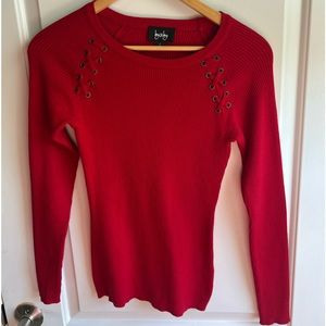 by & by Red ribbed sweater bronze grommet/tie details Small  L/S stretchy